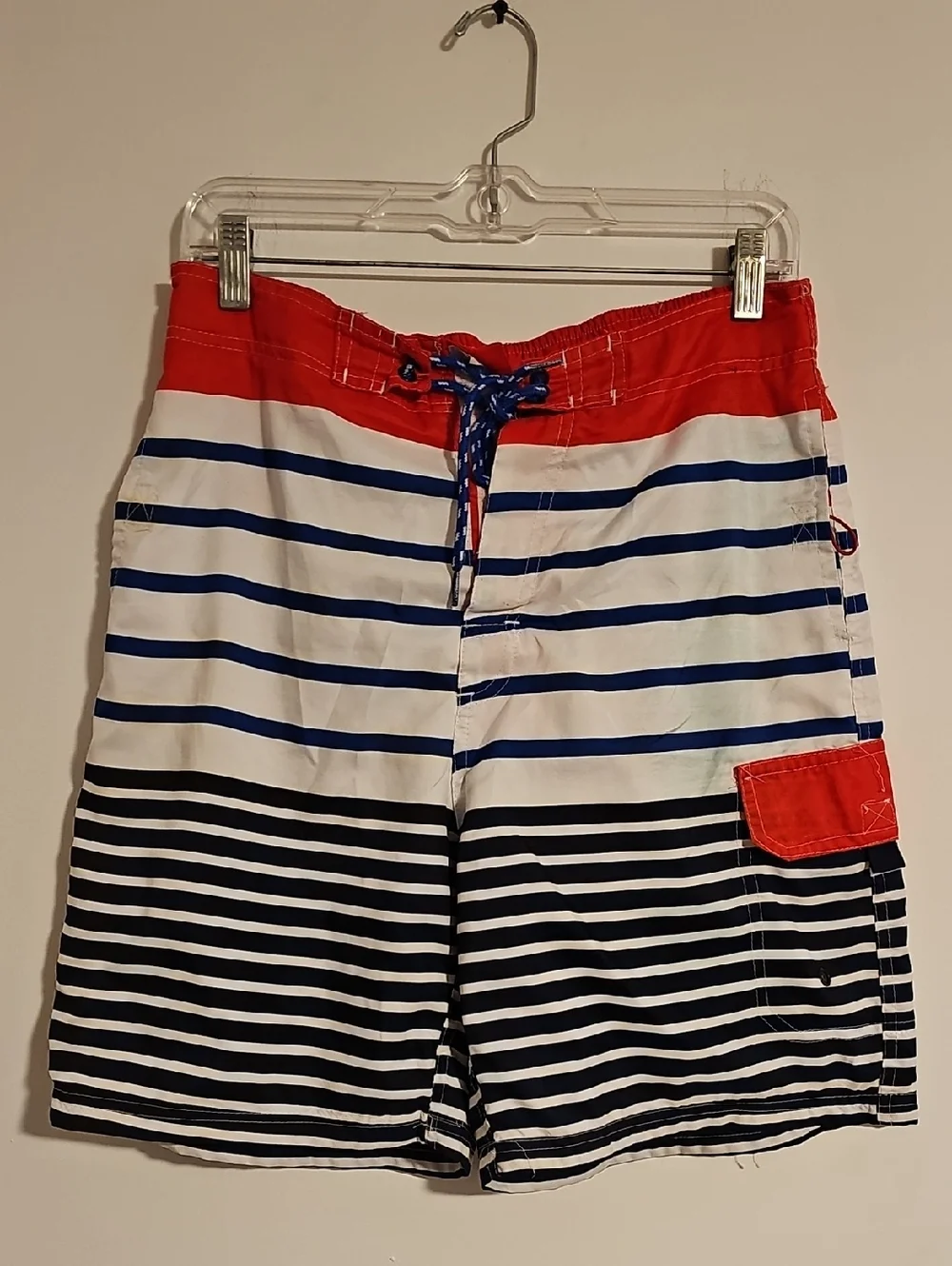 Quiksilver Red, Navy & White Striped Swim Trunks
